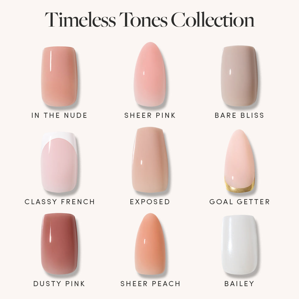A grid of nine glamnetic Timeless Tones Collection artificial nails in neutral and pink shades, each labeled. These salon-quality nails offer elevated neutrals, a contour-fit mold, and comfortable thickness. - Product image