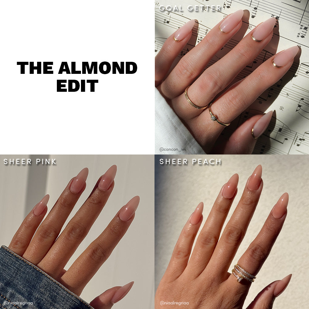 A collage features three sets of hands wearing glamnetic’s The Almond Edit nails in sheer pink and peach neutrals, with delicate rings. Text reads THE ALMOND EDIT and GOAL GETTER, highlighting elegant medium almond nail designs. - Product image