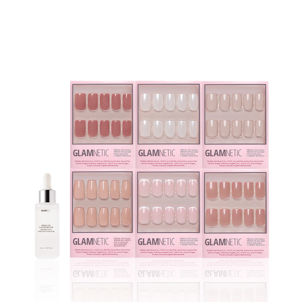 A bottle of glamnetic cuticle oil with a dropper is displayed beside six sets of The Sculpted Set glossy nude and pink glamnetic press-on nails, all in pink packaging, arranged on a white background. - Product image