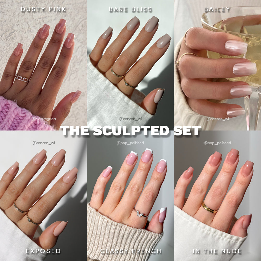Collage of six manicured hands featuring glossy nude nails in Dusty Pink, Bare Bliss, Bailey, Exposed, Classy French, and In The Nude. Center text: The Sculpted Set by glamnetic—press-on nails for effortless style. - Product image