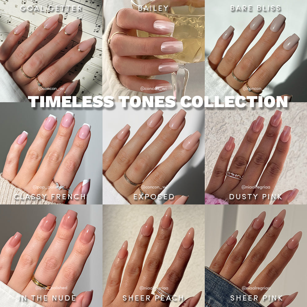A collage of nine manicured hands in nude, beige, and pink shades from glamnetic’s Timeless Tones Collection displays each polish with its name, highlighting the range of elevated neutrals. - Product image