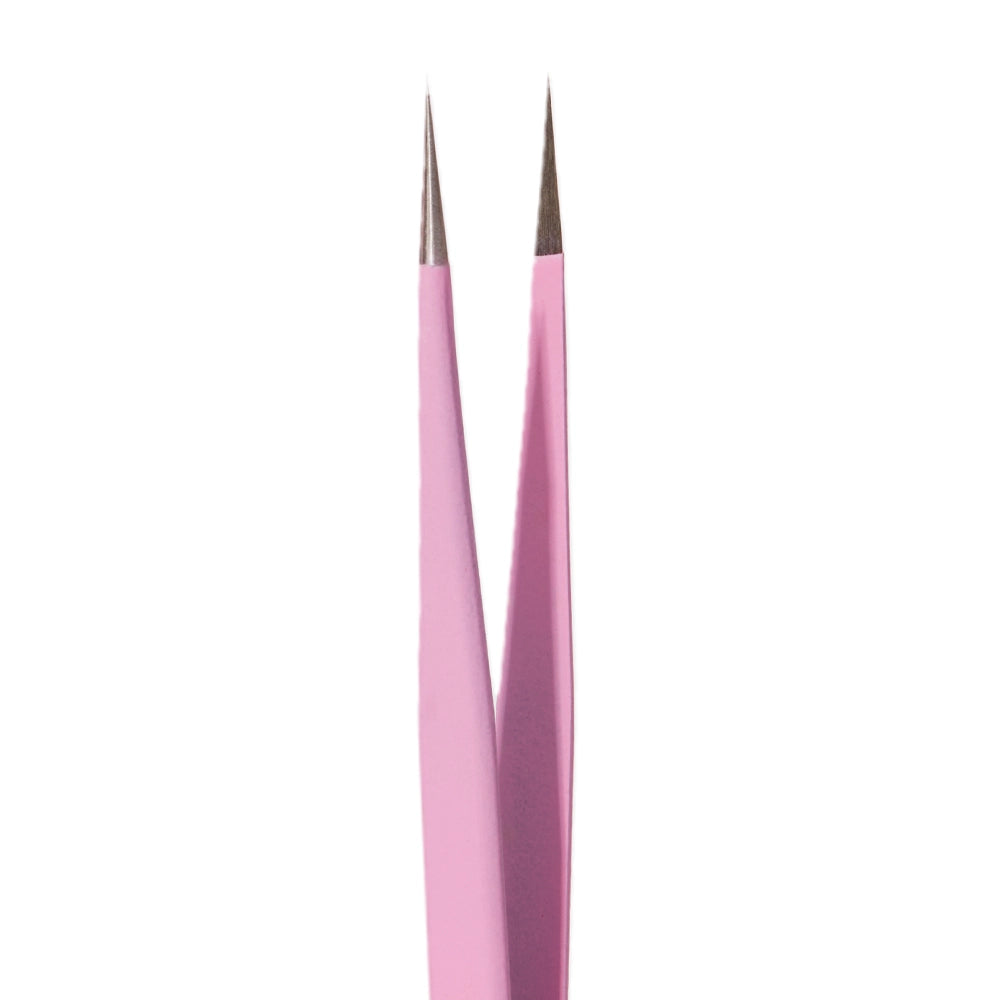Close-up of glamnetic Nail Decal Tweezers, featuring an ultra-precise design and sharp, pointed stainless steel tips, shown vertically against a white background.