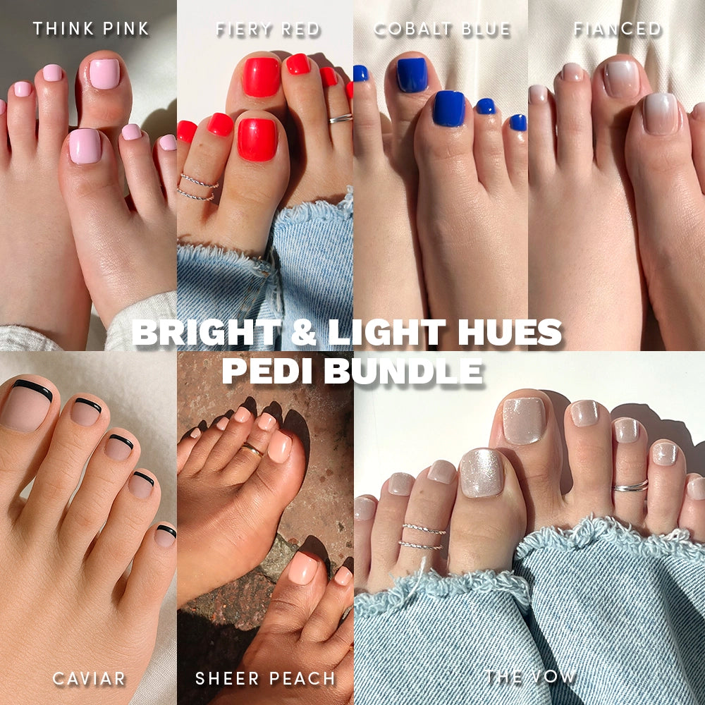 A collage of six glossy toenails in pink, red, blue, nude, black-tipped, peach, and shimmery white. Text reads: glamnetic Bright & Light Hues Pedi Bundle with polish names shown—perfect for a vibrant summer pedicure. - Product image