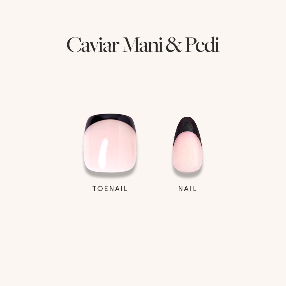 Swatch view of Glamnetic Caviar Mani & Pedi bundle showing a single toenail and fingernail design with nude pink base and sharp black French tips, labeled individually as ‘TOENAIL’ and ‘NAIL’. - Product image