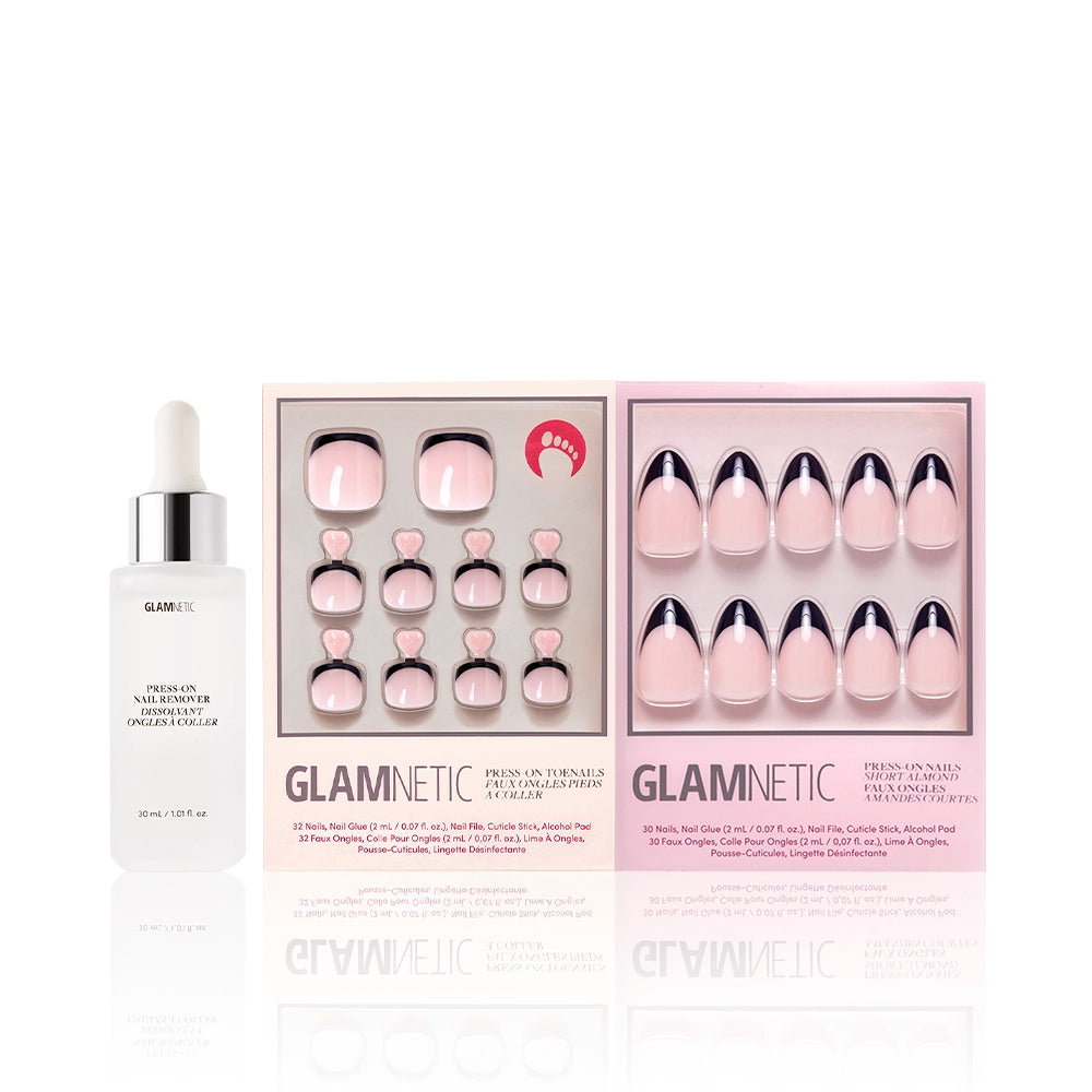 Glamnetic Caviar Mani & Pedi bundle displayed with white dropper bottle of press-on nail remover. Set includes coordinated fingernail and toenail kits with high-gloss black French tips. - Product image