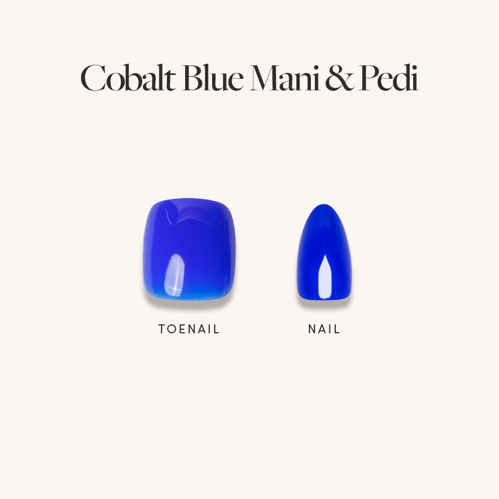 Swatch image of Glamnetic Cobalt Blue Mani & Pedi set showing square toenail and almond-shaped fingernail in a vivid cobalt blue with a glossy finish on a clean cream background. - Product image