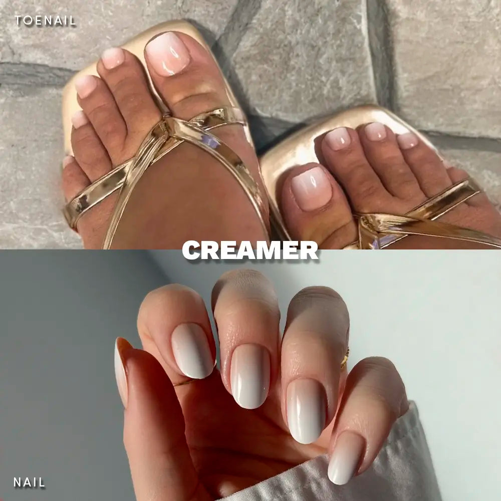 Top image of feet wearing gold sandals with cream-colored toenails, bottom image of hands with beige press-on nail on a neutral background. - Product image