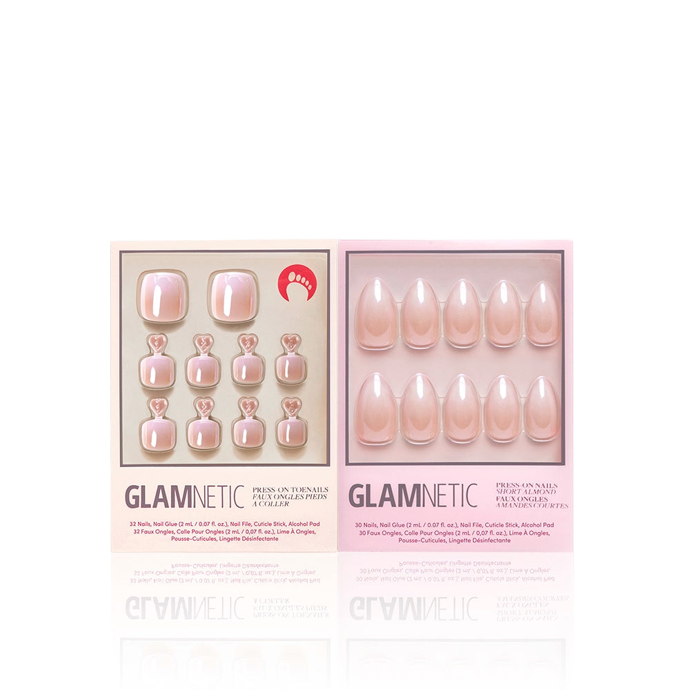 Glamnetic Fiancé́d Mani & Pedi bundle with soft blush-toned press-on toenails and glossy nude almond-shaped fingernails, arranged in coordinated boxed packaging. - Product image