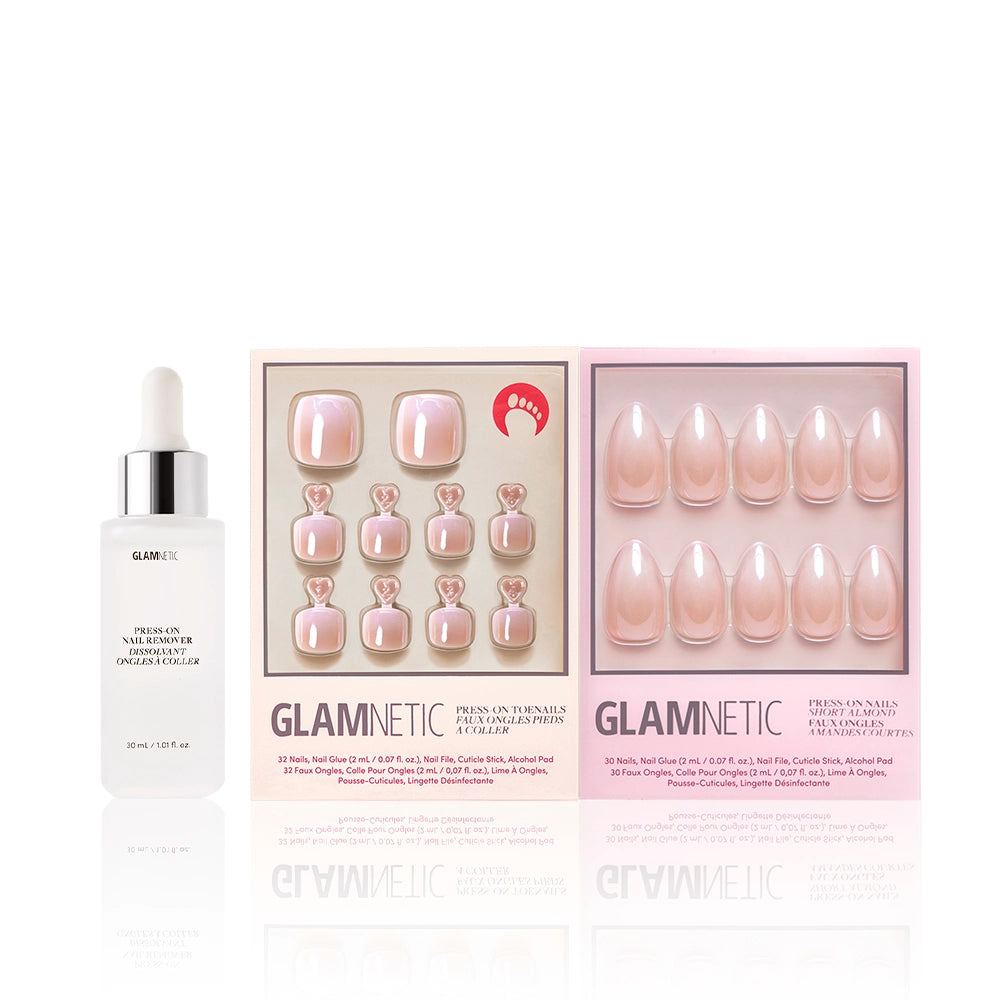 Fiancé́d Mani & Pedi bundle from Glamnetic shown with white dropper bottle of press-on nail remover. Includes a full set of blush-toned press-on toenails and fingernails in a glossy nude shade. - Product image