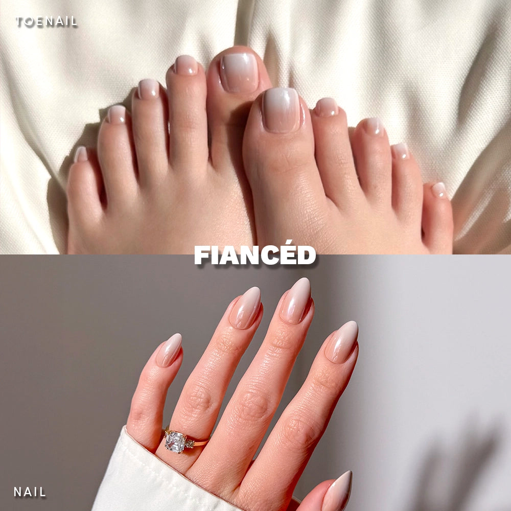 Glamnetic Fiancé́d Mani & Pedi set worn on hands and feet, showcasing glossy nude-pink square toenails and almond-shaped fingernails. Styled with soft lighting and an engagement ring accent - Product image