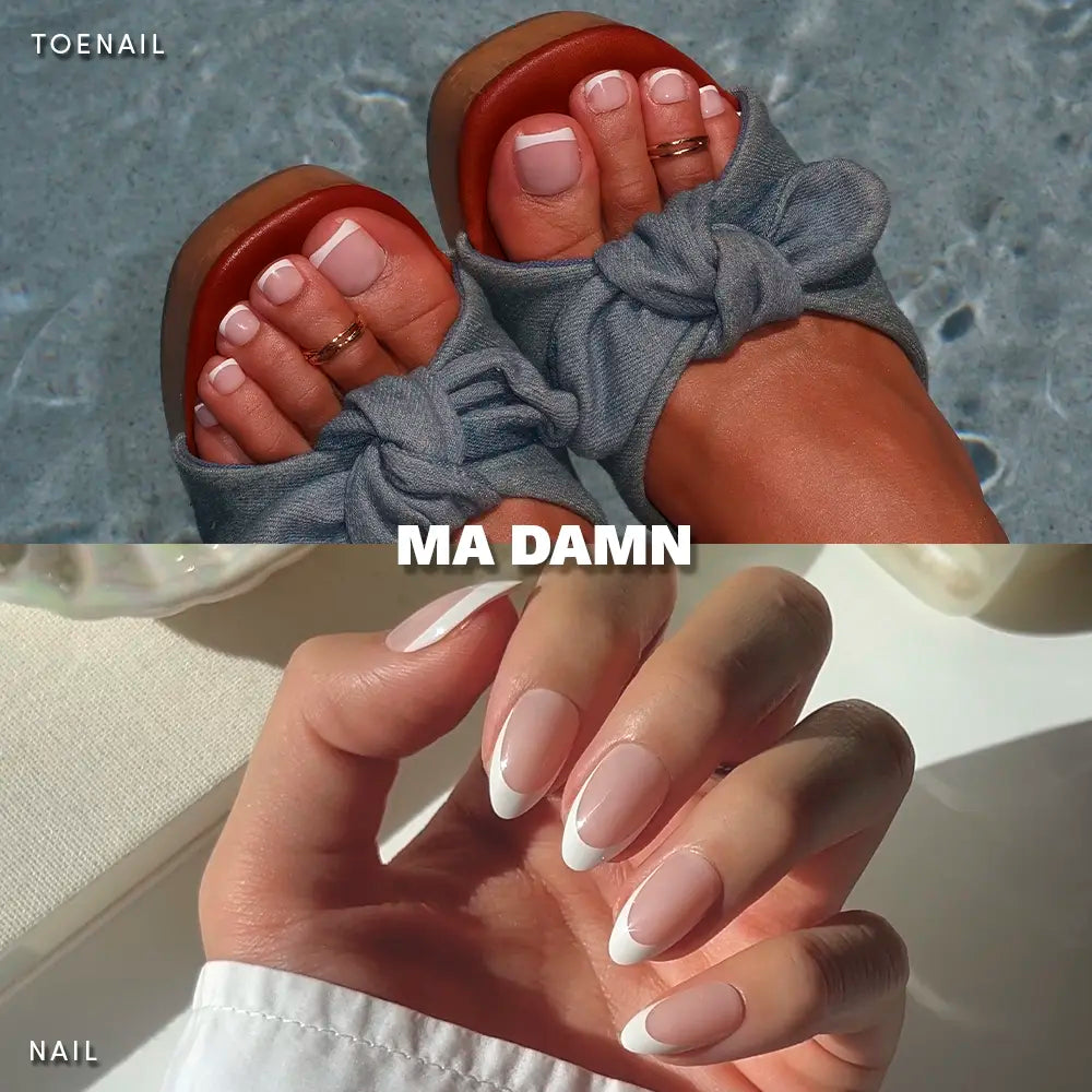 Feet with French tip press-on toenails in sandals with a knotted bow detail, paired with a matching French manicure on almond-shaped nails. - Product image