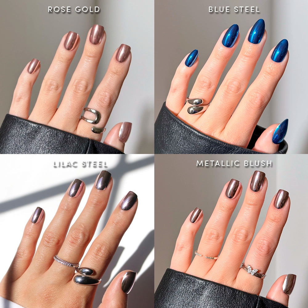 Four hands showcase glamnetics Metal Petals chrome press-on nails in rose gold, blue steel, lilac steel, and metallic blush with silver rings. Metal Petals appears centered over the collage of vibrant nail shades.