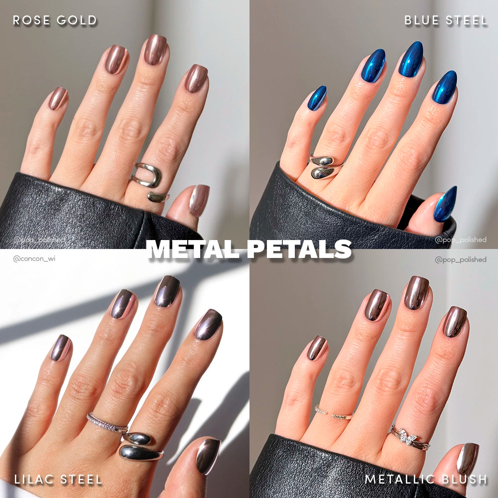 Four hands showcase glamnetics Metal Petals chrome press-on nails in rose gold, blue steel, lilac steel, and metallic blush with silver rings. Metal Petals appears centered over the collage of vibrant nail shades. - Product image