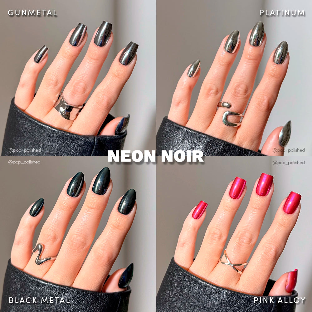 A collage of four hands with glamnetic Neon Noir metallic chrome coffin nails in gunmetal gray, platinum silver, black, and shiny pink. Each wears silver rings and a black leather sleeve. Text labels each glamnetic Neon Noir shade. - Product image
