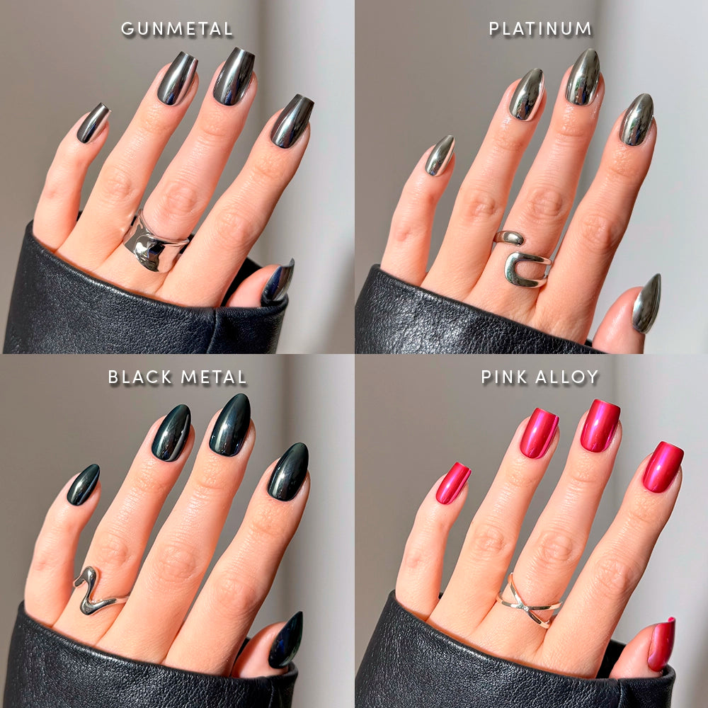 A collage of four hands with glamnetic Neon Noir metallic chrome coffin nails in gunmetal gray, platinum silver, black, and shiny pink. Each wears silver rings and a black leather sleeve. Text labels each glamnetic Neon Noir shade. - Product image