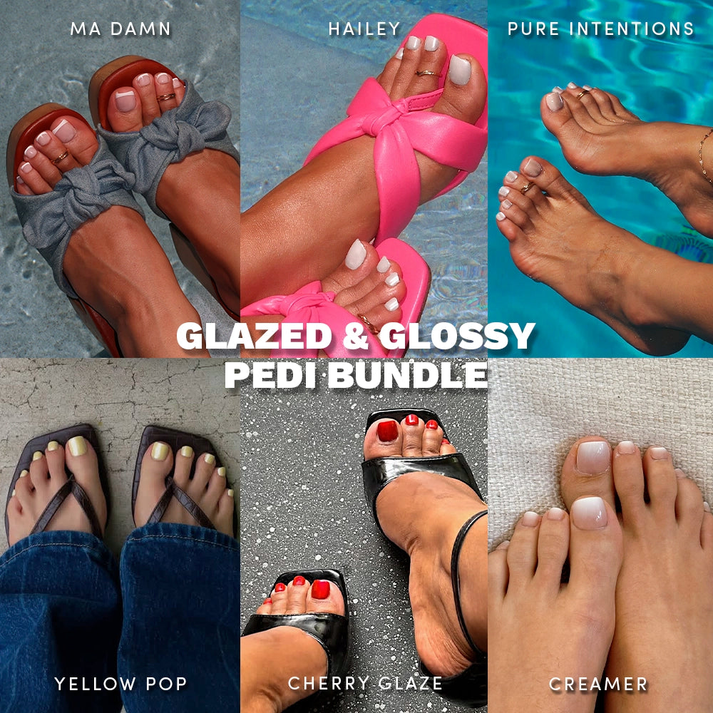 Glamnetic Glazed & Glossy Pedi Bundle featuring six press-on toenail styles: soft pink Ma Damn, pearly white Hailey, sheer nude Pure Intentions, pastel Yellow Pop, bold red Cherry Glaze, and milky nude Creamer, shown on feet in sandals and natural settings. - Product image