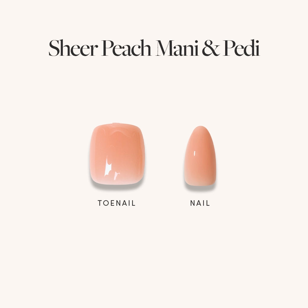 Swatch display of Glamnetic Sheer Peach Mani & Pedi bundle, featuring a glossy peach-toned square toenail and almond-shaped fingernail on a neutral background. - Product image