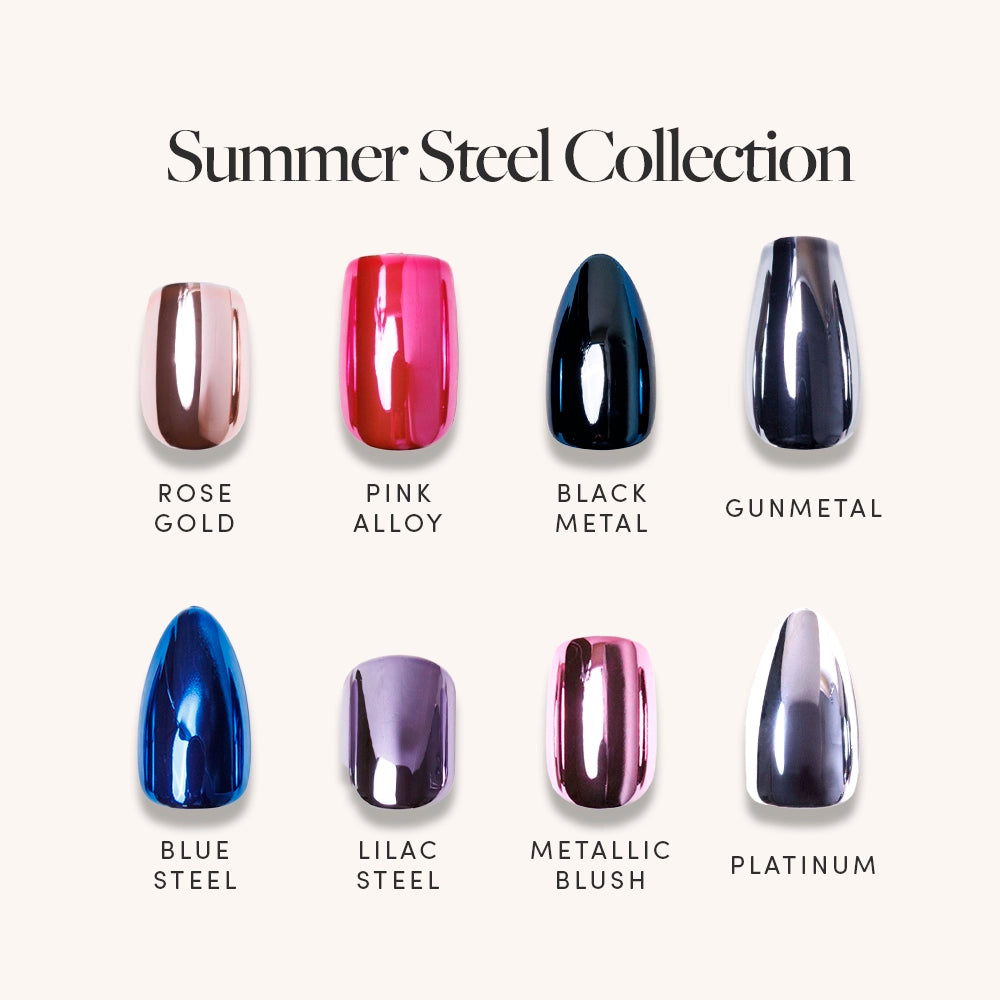 The Summer Steel Collection by glamnetic features eight artificial nails in luxe metallic shades—rose gold, pink alloy, black metal, gunmetal, blue steel, lilac steel, metallic blush, and platinum—for a stunning mani. - Product image