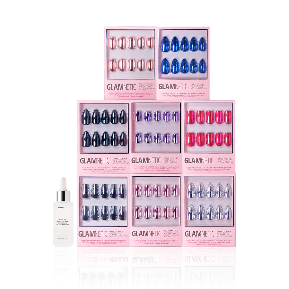 The glamnetic Summer Steel Collection features eight press-on nail kits in mixed colors and chrome finishes, arranged in two rows with a white serum dropper bottle—perfect for a luxury mani on a white background. - Product image