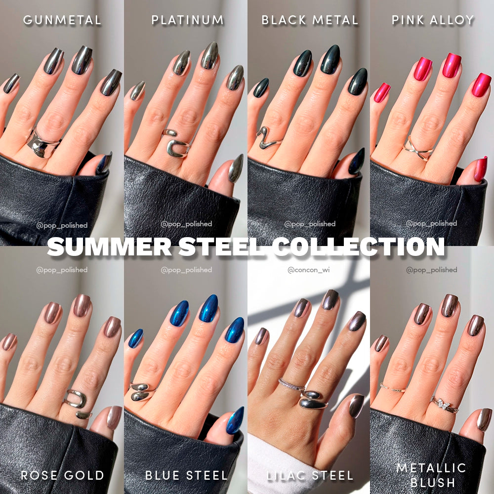 A collage showcases hands sporting glamnetics Summer Steel Collection—eight chrome-finish metallic nail shades: Gunmetal, Platinum, Black Metal, Pink Alloy, Rose Gold, Blue Steel, Lilac Steel & Metallic Blush. A luxury mani must-have. - Product image