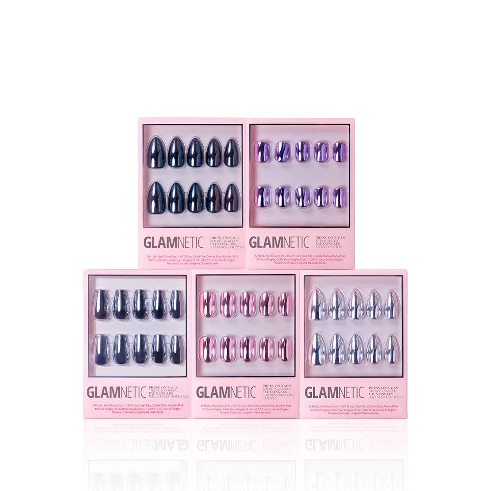 Five boxes of glamnetics The Driver’s Seat: Founder’s Edit feature metallic chrome press-on nails in dark blue, pink, and gunmetal. Each pink box displays the dazzling nails through a clear window against a white background. - Product image