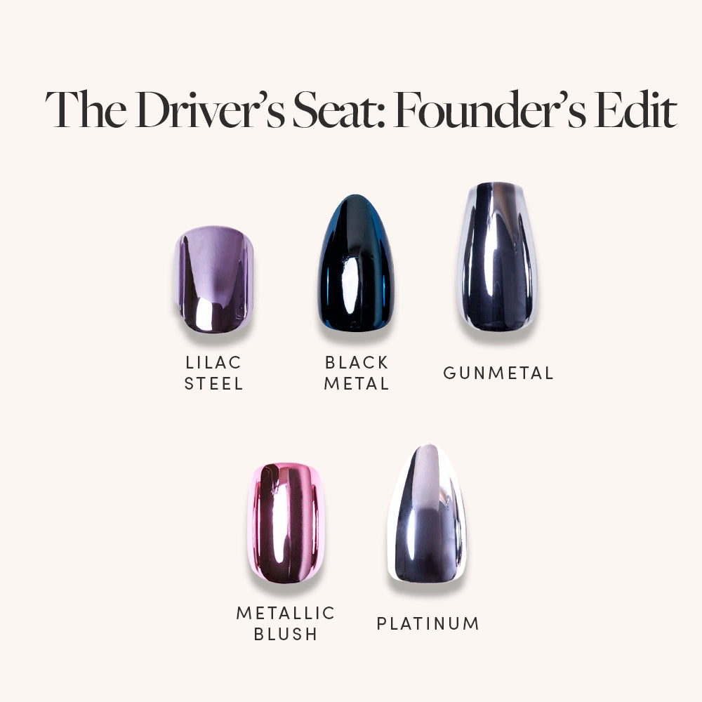 Five glamnetic nail polish swatches—Lilac Steel, Black Metal, Gunmetal, Metallic Blush, and Platinum—are arranged in two rows on a light background under the title The Driver’s Seat: Founder’s Edit, perfect for metallic chrome nail lovers. - Product image