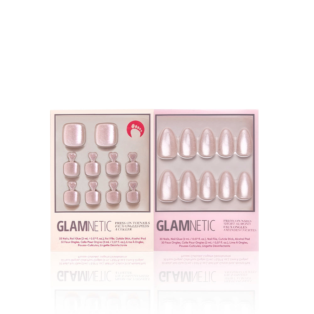 Glamnetic The Vow Mani & Pedi bundle with shimmering pale pink press-on toenails and short almond fingernails. Displayed in elegant, pastel-toned boxed packaging - Product image