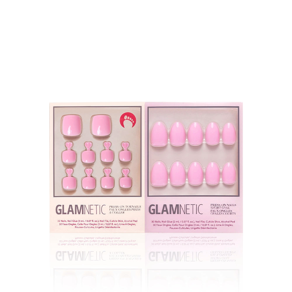 Glamnetic Think Pink Mani & Pedi bundle featuring vibrant pink press-on toenails and short oval fingernails, neatly displayed in coordinating packaging. - Product image