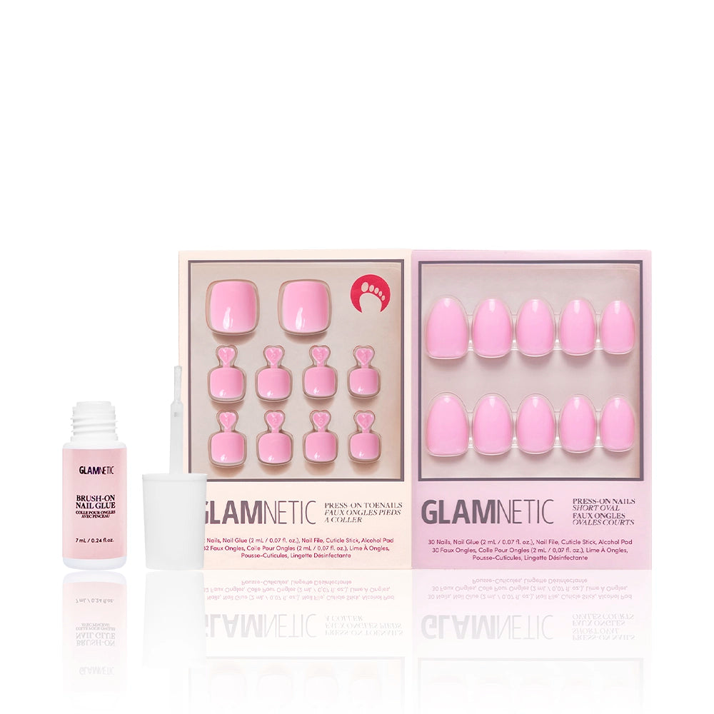 Glamnetic Think Pink Mani & Pedi bundle shown with pink brush-on nail glue. The coordinated press-on sets include glossy light pink toenails and fingernails in a bright, bold hue. - Product image