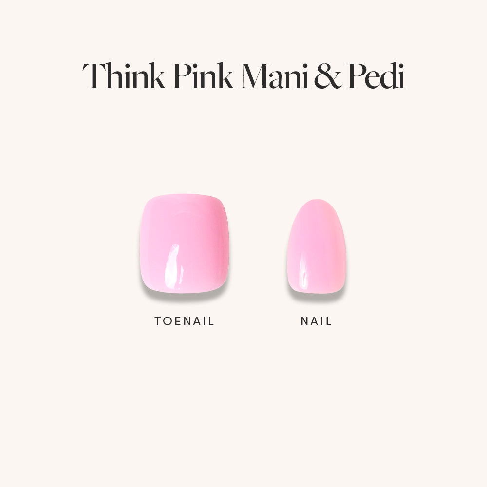 Swatch display of Glamnetic’s Think Pink Mani & Pedi bundle showing a glossy light pink square toenail and matching short oval fingernail on a neutral background. - Product image