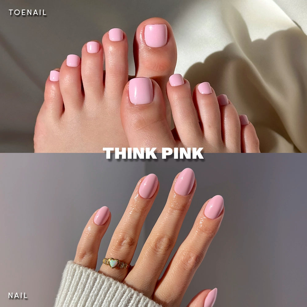 Glamnetic Think Pink Mani & Pedi set shown on real hands and feet. Features a glossy pastel pink finish on square-shaped toenails and short oval fingernails, captured in soft natural lighting. - Product image