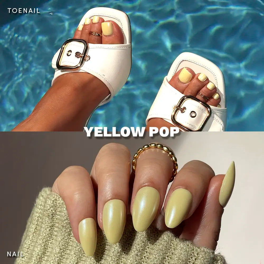 Feet with bright yellow press-on toenails in white sandals by the pool, paired with matching yellow almond-shaped manicure - Product image