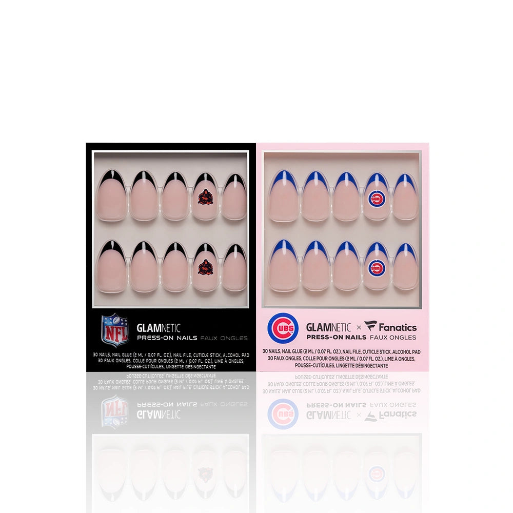 Two glamnetic nail sets in boxes: one with Atlanta Falcons NFL logos and black tips, the other called Chicago All-Stars featuring Cubs MLB logos and blue tips—both displayed on a white background. - Product image