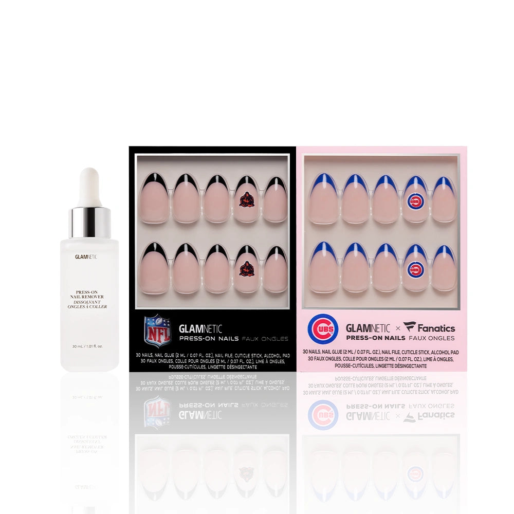 A bottle of glamnetic cuticle oil stands next to two boxes of officially licensed Chicago All-Stars press-on nail sets, all displayed on a white background with reflections underneath. - Product image