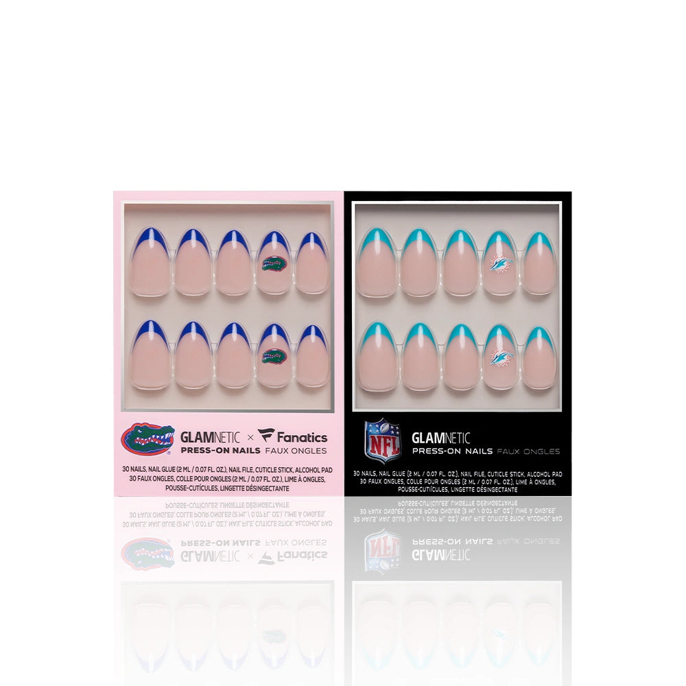 Two boxes of glamnetic nail sets are shown. The left box, Florida All-Stars, has blue and orange designs with a Gators logo. The right features blue tips with a Buffalo Bills logo. Each set includes 24 almond-shaped press-on nails. - Product image