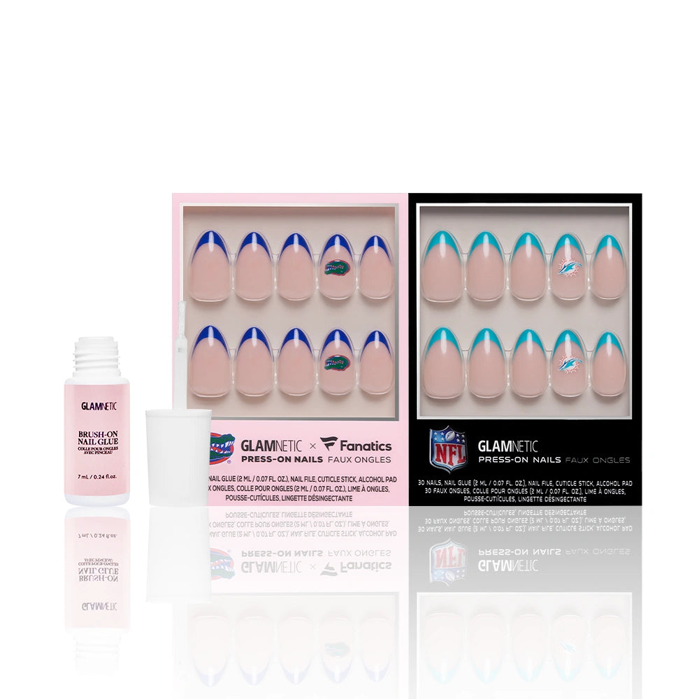 Two boxes of glamnetic Florida All-Stars press-on nails, a bottle of brush-on nail glue, and an applicator cup, all shown on a white background. - Product image
