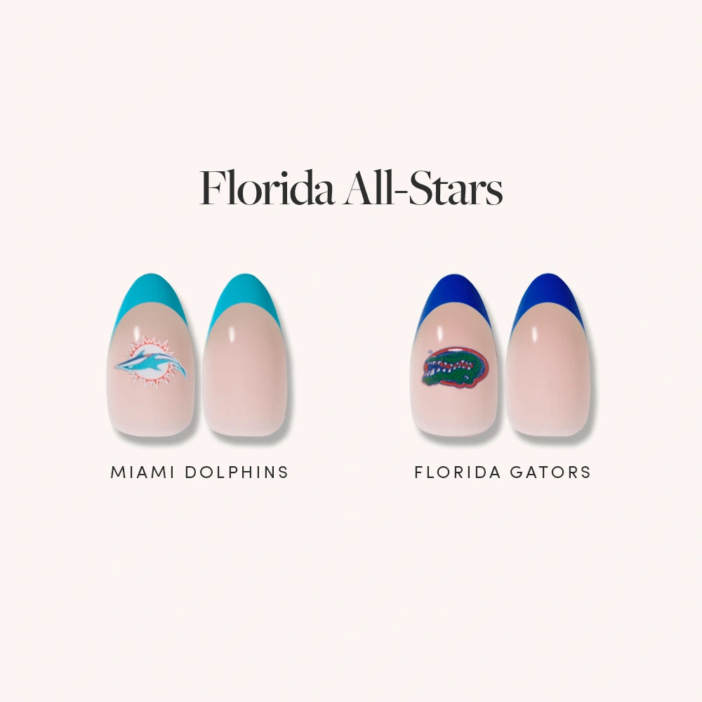 Showcasing glamnetic’s Florida All-Stars: two officially licensed nail sets—one with teal tips and a Miami Dolphins logo, the other with dark blue tips and a Florida Gators logo. Text above reads “Florida All-Stars.”. - Product image