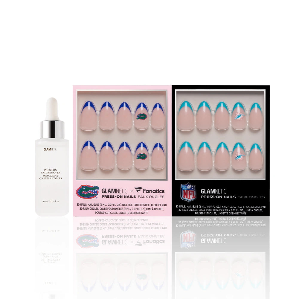 A set of glamnetic Florida All-Stars NFL-themed press-on nails in two styles, with a cuticle oil dropper on the left. The black and pink boxes feature sports team logos. - Product image