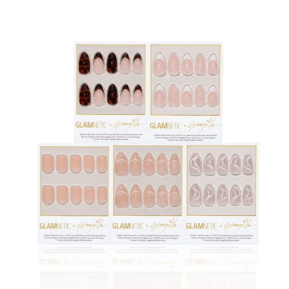 Set of false nails in different designs and colors with 'Glamnetic' branding on a white background. - Product image