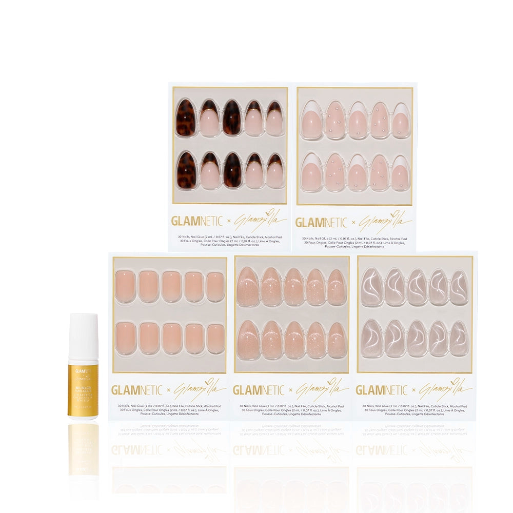 Glamnetic press-on nail set with the glamzilla brush-on nail glue on a white background - Product image