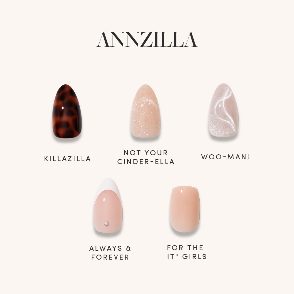 Three nail designs labeled 'Killazilla', 'No In Between', and 'I Am a Rich Man?' by ANNZILLA on a white background.