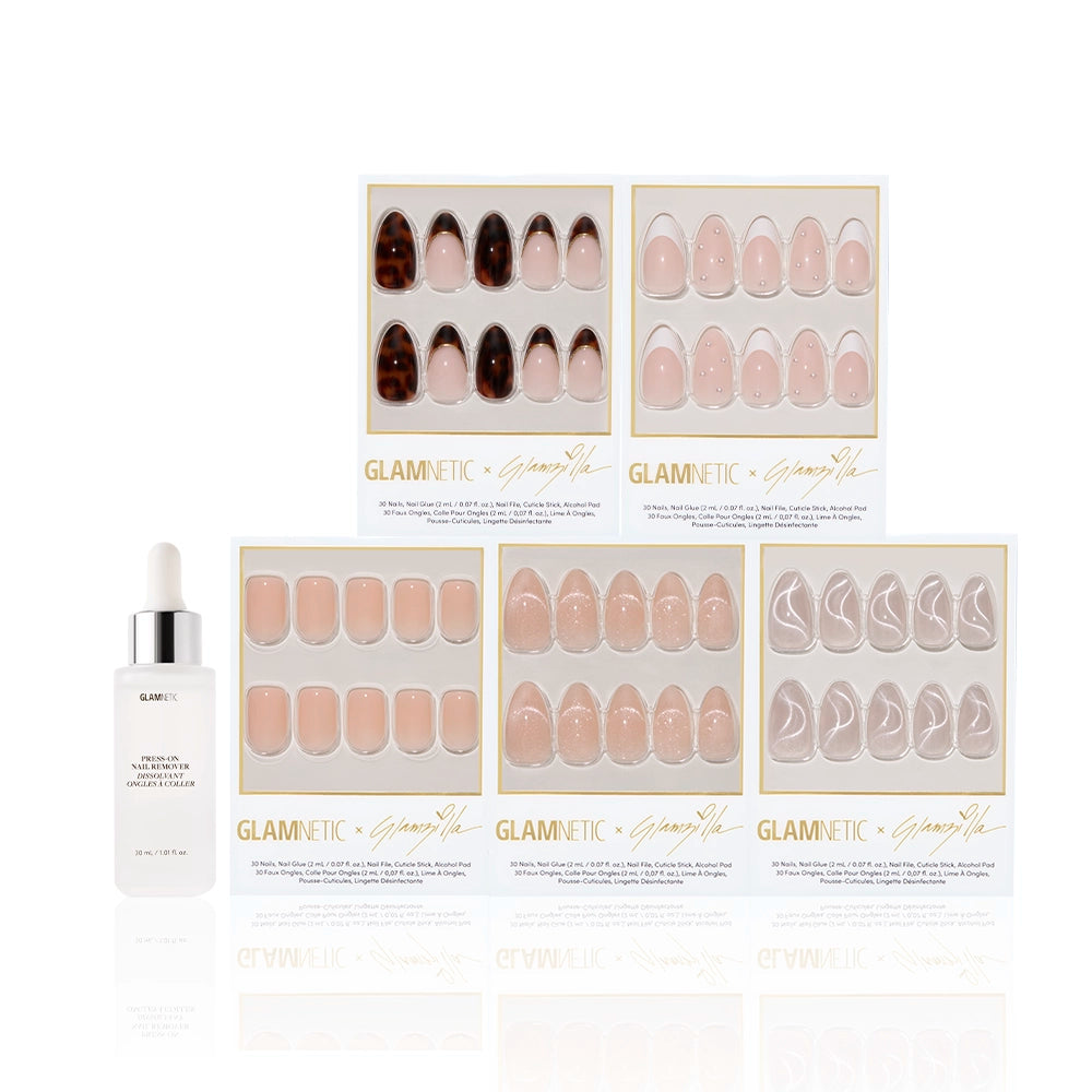 Glamnetic press-on nail set with a press-on nail remover bottle on a white background - Product image