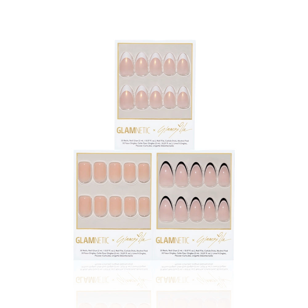 Display of Glamnetic x Glamzilla’s full ‘Keepin’ It Classy’ press-on nail trio without additional glue or tools. Includes: ‘Give ’Em Grace,’ ‘For the “It” Girls,’ and ‘No In Between.’ - Product image