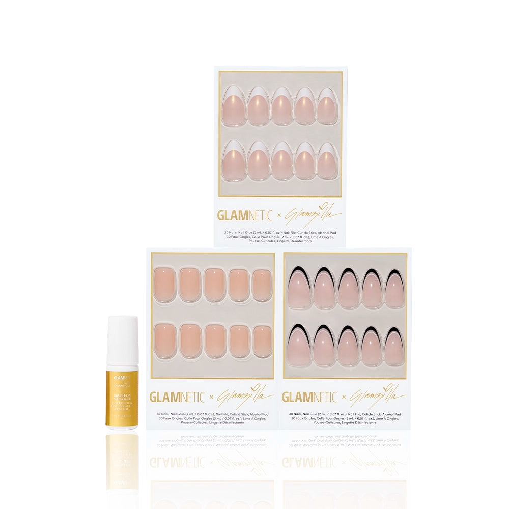 Flat lay of ‘Keepin’ It Classy’ press-on nail trio from Glamnetic x Glamzilla with Glamzilla-branded yellow brush-on nail glue. Nail sets shown: ‘Give ’Em Grace,’ ‘For the “It” Girls,’ and ‘No In Between. - Product image