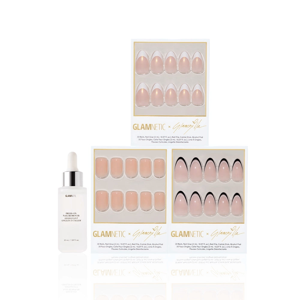 Press-on nail trio from Glamnetic x Glamzilla’s ‘Keepin’ It Classy’ set with Glamnetic press-on nail remover dropper. Includes designs: ‘Give ’Em Grace,’ ‘For the “It” Girls,’ and ‘No In Between.’ - Product image