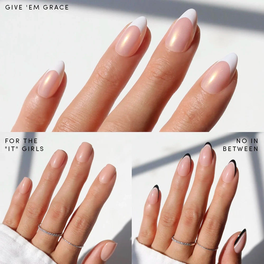 Collage showcasing three Glamnetic x Glamzilla ‘Keepin' It Classy’ press-on nail designs: ‘Give ’Em Grace’ with white French tips and shimmer, ‘For the “It” Girls’ with nude square nails, and ‘No In Between’ with black French tips. Centered bold text reads ‘KEEPIN’ IT CLASSY. - Product image