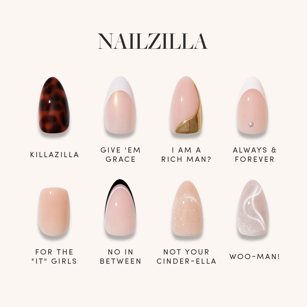 Visual lineup of all 8 Glamnetic x Glamzilla ‘NAILZILLA’ press-on nail styles shown individually: tortoiseshell, shimmer French tip, gold swirl, pearl accent, nude square, black French tip, soft glitter, and velvet swirl. Title reads ‘NAILZILLA.