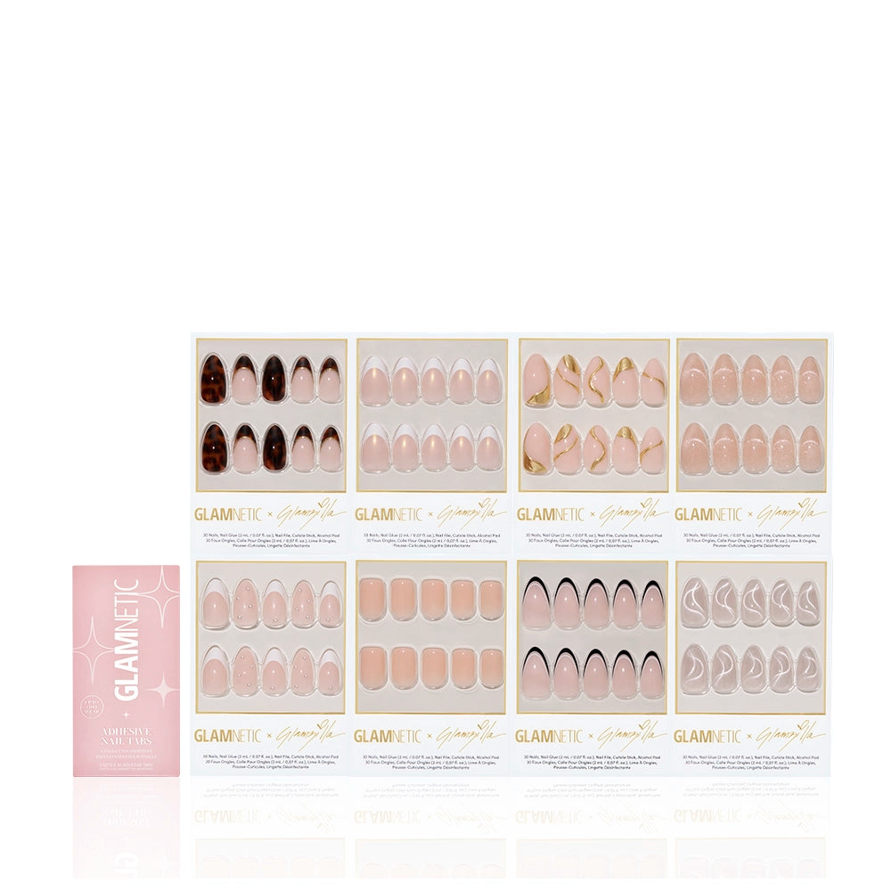 Flat lay of the complete Glamnetic x Glamzilla ‘NAILZILLA’ press-on nail collection featuring all 8 nail sets with a pink box of Glamnetic adhesive nail tabs and luxe white gift box with gold foil logo. - Product image