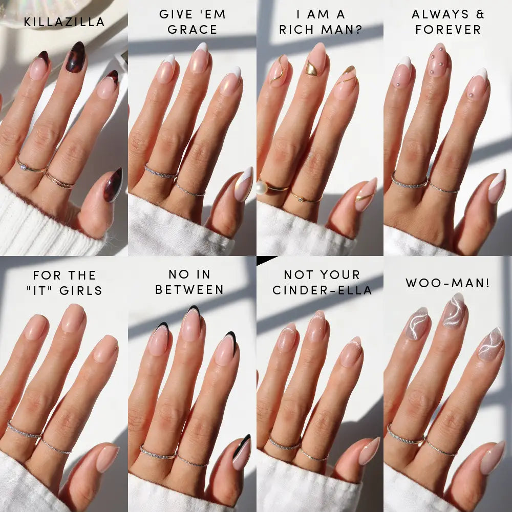 rid of hand model shots wearing all 8 Glamnetic x Glamzilla ‘NAILZILLA’ press-on nails. Top row: Killazilla, Give ’Em Grace, I Am A Rich Man?, Always & Forever. Bottom row: For the ‘It’ Girls, No In Between, Not Your Cinder-Ella, Woo-Man! Text overlay: ‘NAILZILLA. - Product image