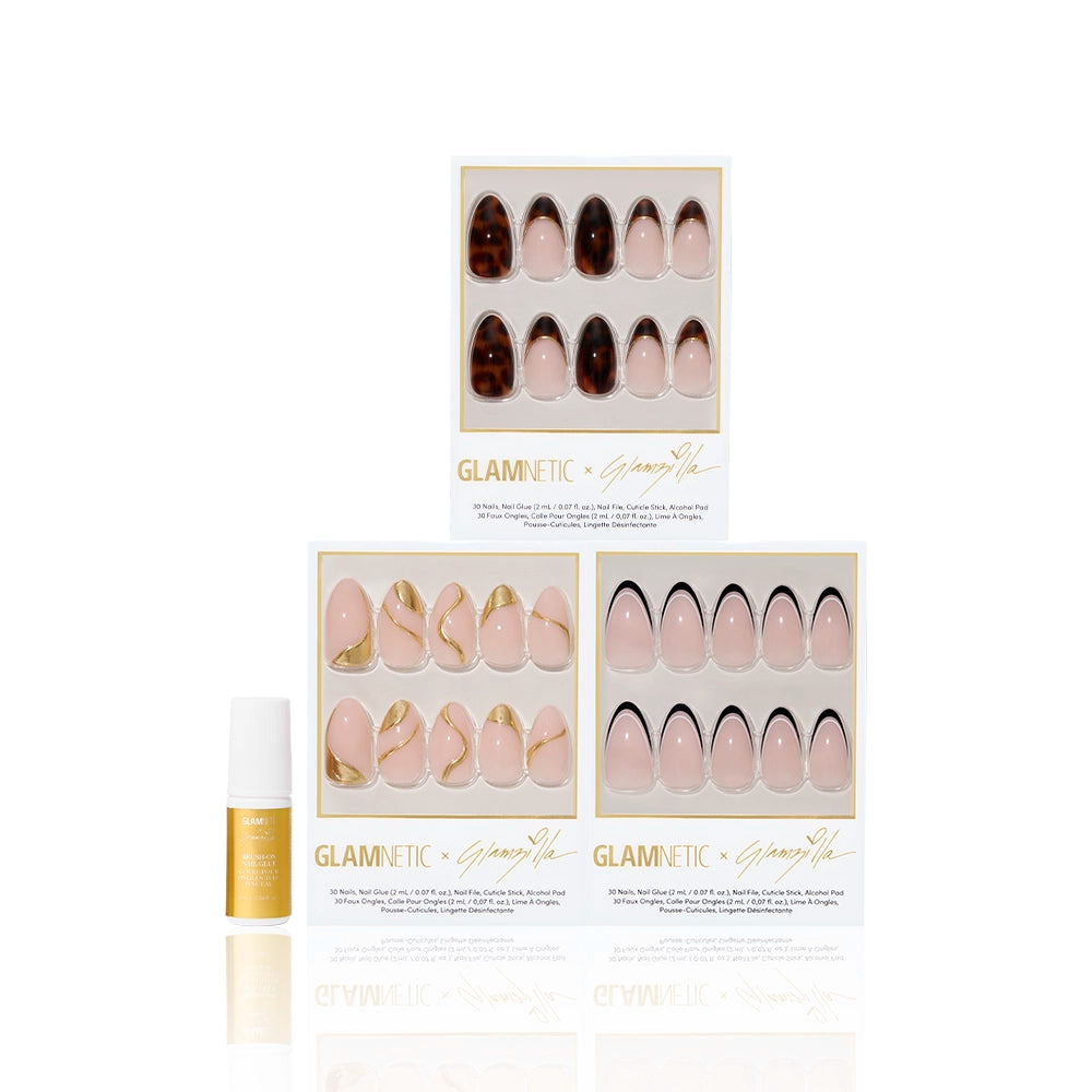 Glamnetic x Glamzilla ‘Oui Did That’ press-on nail set featuring three nail styles—Killazilla, No In Between, and I Am A Rich Man?—accompanied by a Glamnetic nail remover bottle with gold label. - Product image